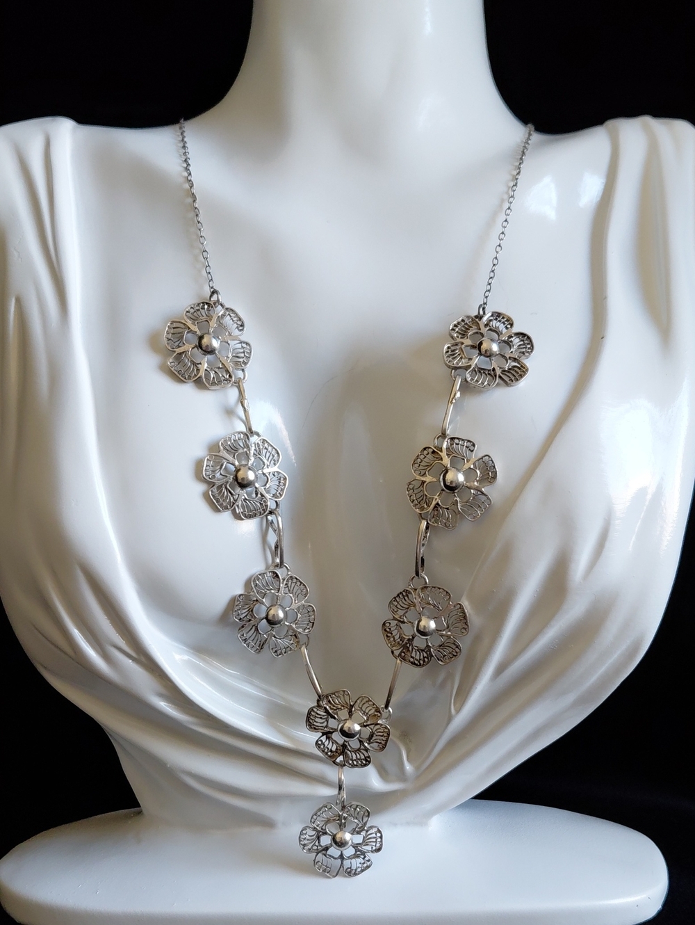 Sterling Silver 925 Filigree Floral Y Drop Necklace